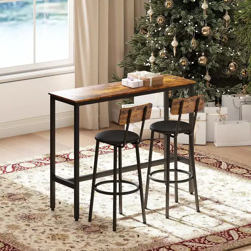 Zevemomo 3-Piece Counter Height Table Set, 31.5 Pub Table with 2 Stools, Space-Saving Kitchen Dining Set for Small Spaces, Brown