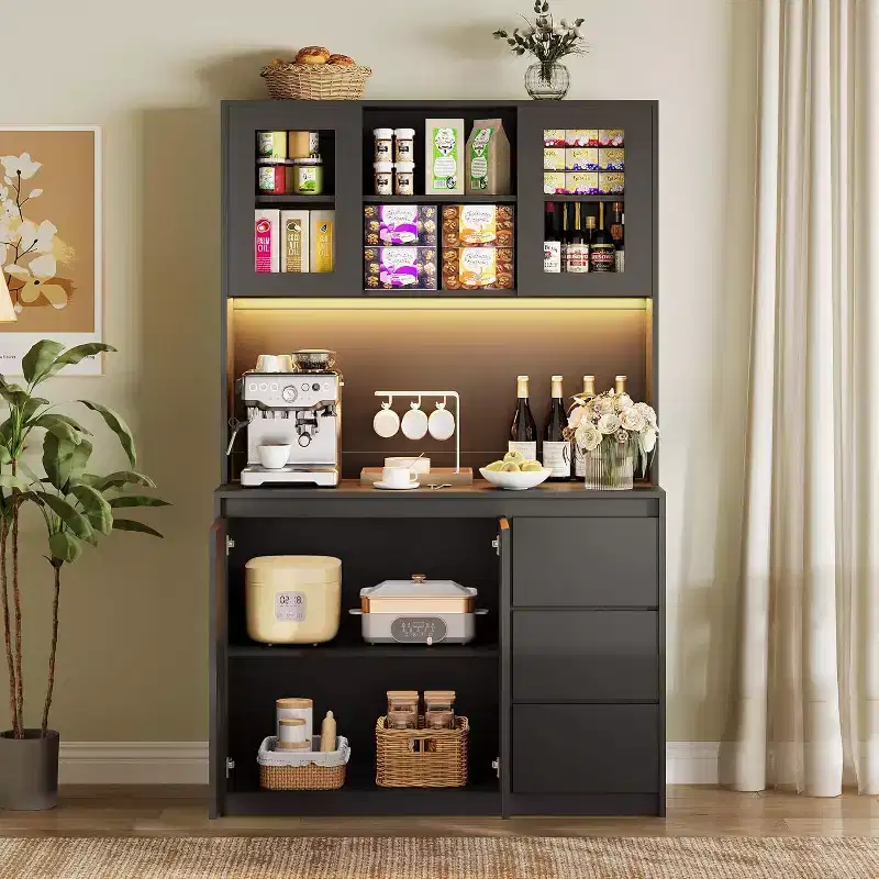 71 in Kitchen Pantry Cabinet, Kitchen Storage Hutch with Led Lights and Power Outlets, Microwave Stand, Glass Door, Adjustable Shelves