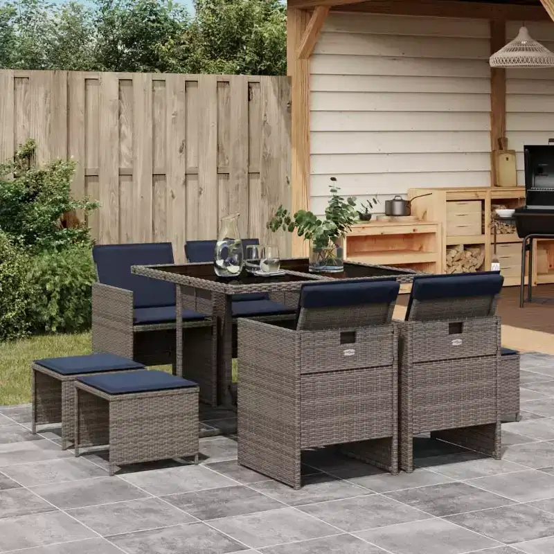 vidaXL Patio Dining Set, 8-Seater Foldable Gray PE Rattan Outdoor Table and Chairs