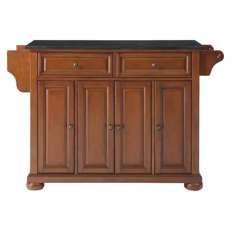 Black Granite Top Kitchen Island - Wood & Cherry: Hardwood Frame, Towel Bar, 6 Shelves, 2 Drawers