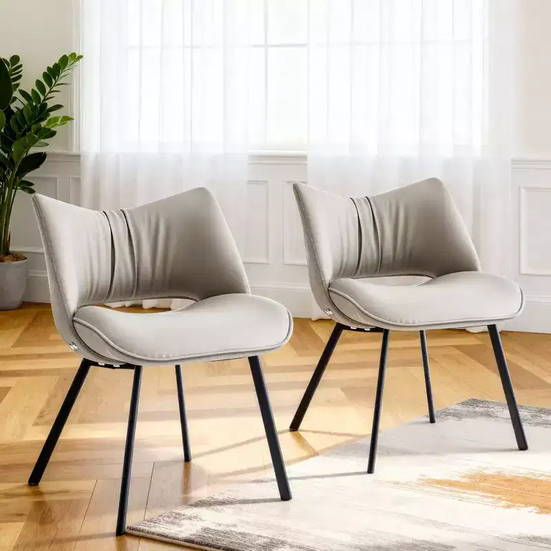 Chic Modern Upholstered Dining Chair with Curved Back and Black Metal Legs - Light Grey