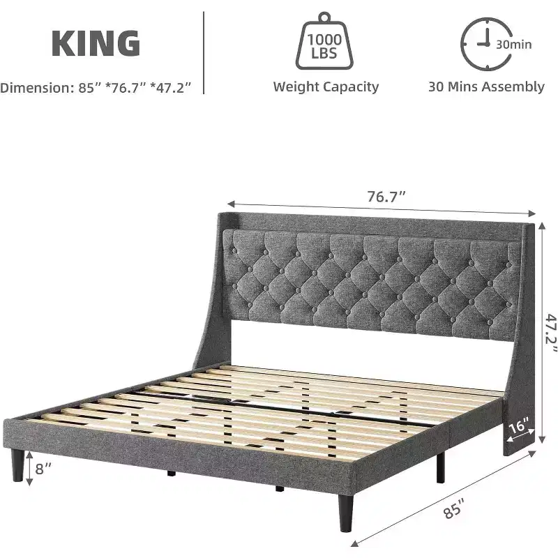 King Size Upholstered Bed Frame with USB Ports, Wingback Headboard, Storage Shelf, and Charging Station Button Tufted Design