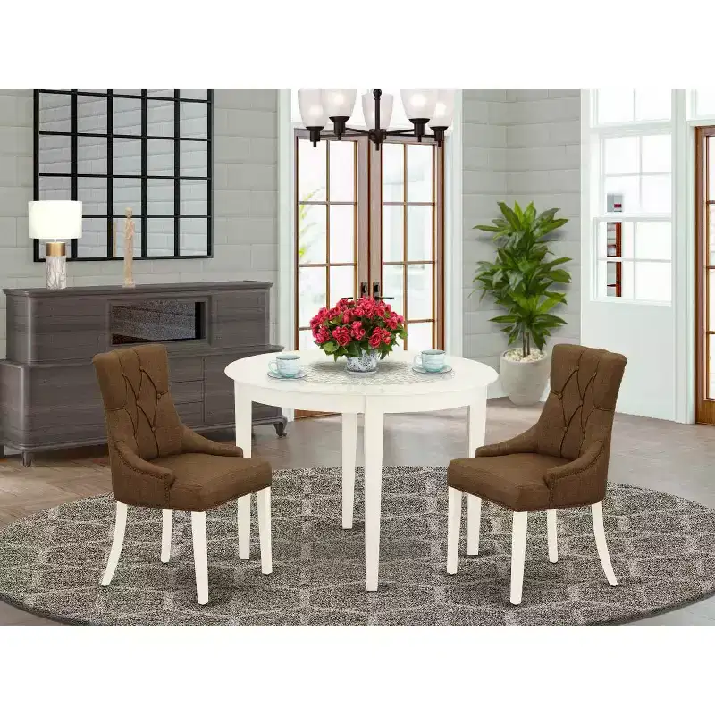 HomeStock 3-Piece White Finish Round Solid Wood Top Dining Table Set