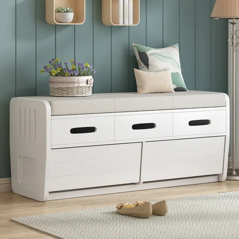 Storage Bench with Drawers and Cushioned Seat
