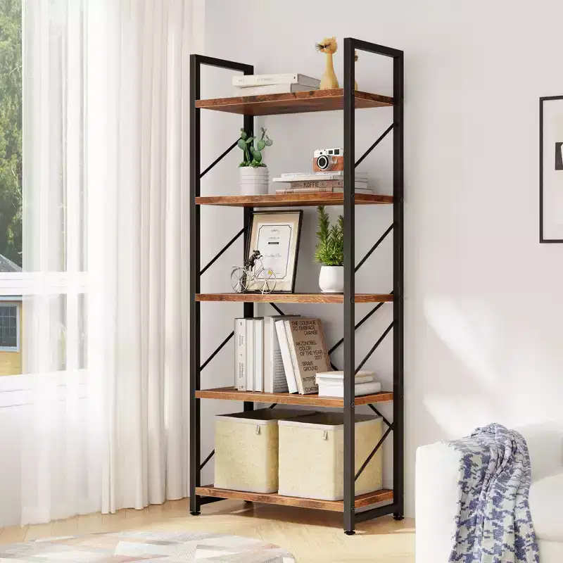 5-Tier Tall Wooden Bookcase with Metal Frame, 62.2