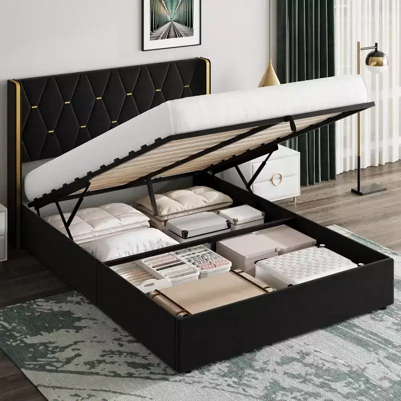 Black / White Wingback Upholstered Storage Bed – Full / Queen, 1 Person