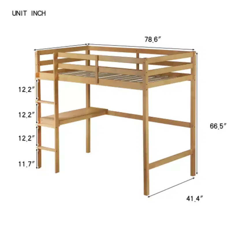 Twin High Loft Bed with Safety Guardrail & Integrated Desk, Solid Rubberwood, 66.5