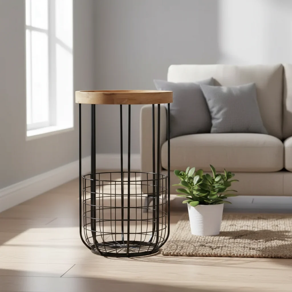 Industrial Round Metal Accent Table in Black with Basket Base