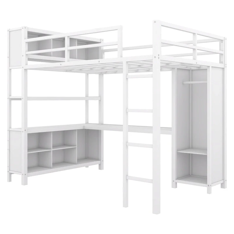 Metal Loft Bed with Wardrobe And L-shaped Desk