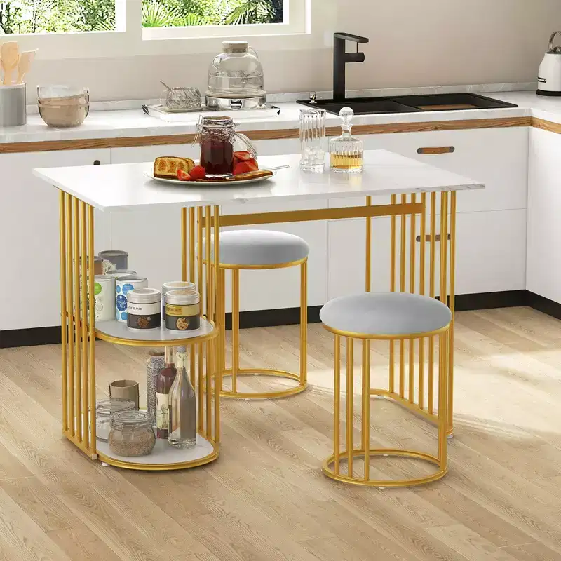 Costway 3 Piece Dining Table Set w/ 2 Stools 2-tier Storage Shelf Upholstered Seat