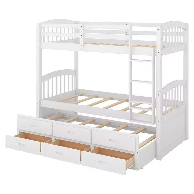 Twin over Twin Wood Bunk Bed with Ladder, Trundle & 3 Drawers – 400 lbs