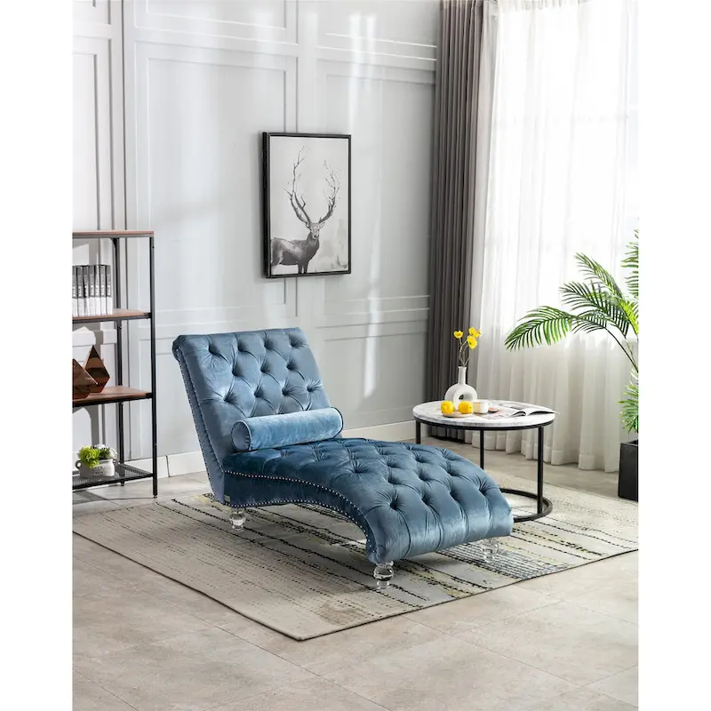 Leisure Concubine Sofa with Acrylic Feet, Traditional Chaise Velvet Barrel Sofa with Lumbar Support Pillow for Living Room