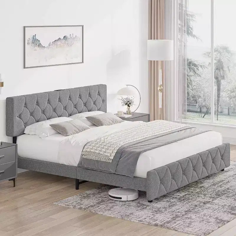 Linen Upholstered Platform Bed with Adjustable Headboard & USB Ports (Gray)
