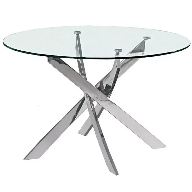 54 Clear and Silver Glass and Metal Cross Leg Base Round Top Dining Table