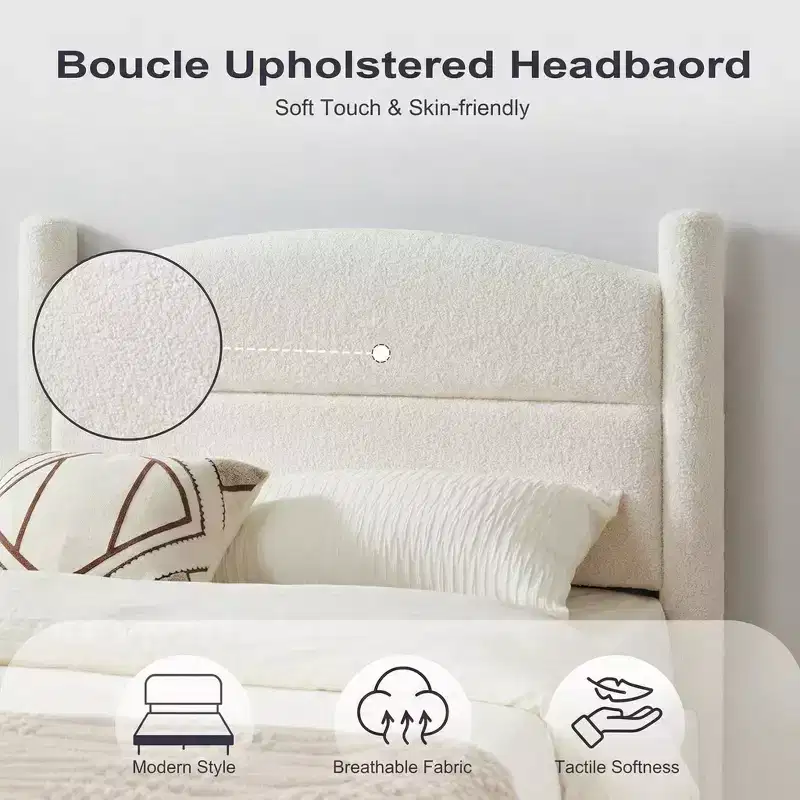 Upholstered Boucle Bed Frame Cloud Platform Bed with Soft Round Headboard Heavy Duty Noise-Free No Box Spring Needed Easy Assembly