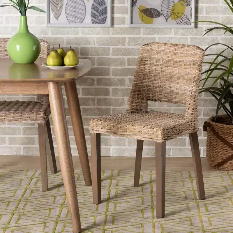 Dining Chair, Brown Natural Rattan & Mahogany Wood, Bohemian Style