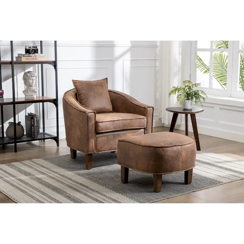 Linen/Polyester Upholstered Mid Century Barrel Chair with Ottoman