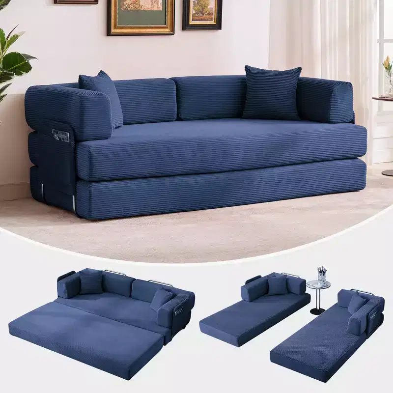 Modern 79 Corduroy Futon Sofa Bed for Small Spaces, 5-in-1 Convertible Sleeper Couch with Removable Armrests & Pillows