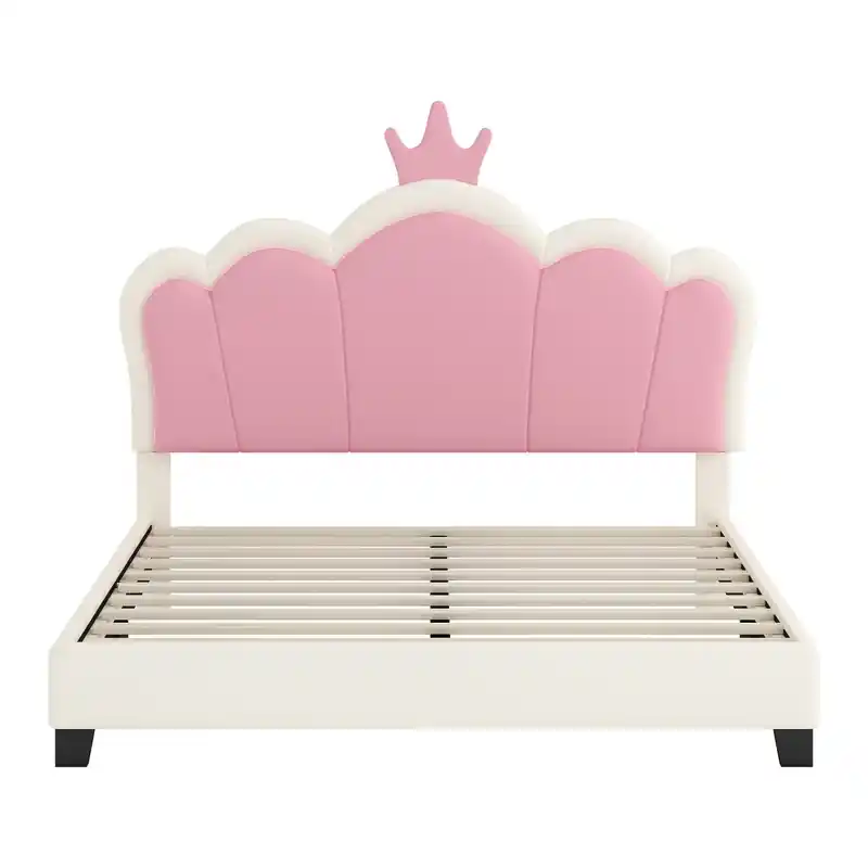 Upholstered Princess Bed With Crown Headboard And Pu Platform Frame,full Size,cream Full Bed