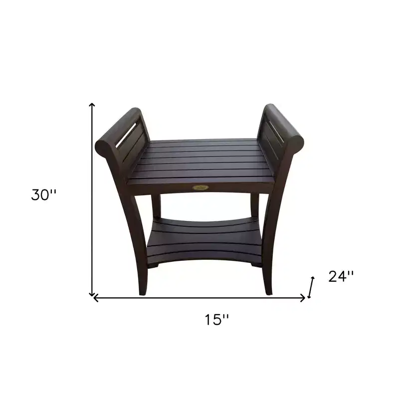 Rectangular Teak Shower Bench with Shelf & Handles, Swooped Arms, Brown Finish, 24x15x30