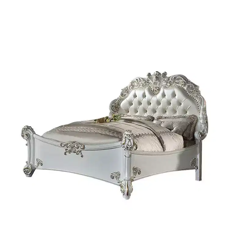 94" Eastern King Bed Vendome Bed Synthetic Leather and Antique Pearl Finish - Acme Furniture: Luxurious Carved Details