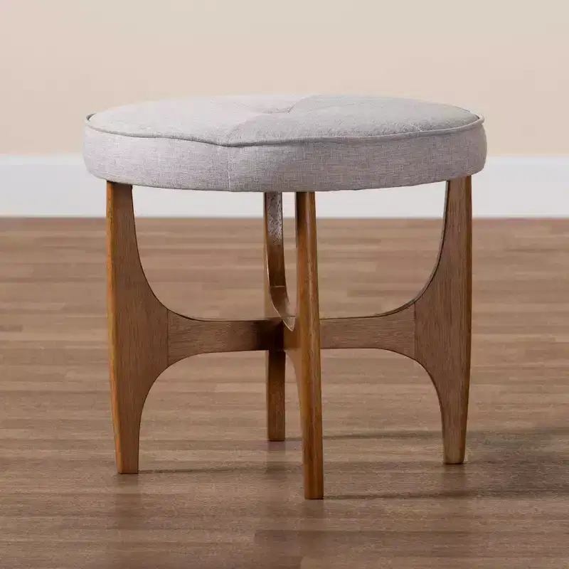 Round Upholstered Ottoman Footstool – Japandi Style, Grayish Beige & Walnut Brown