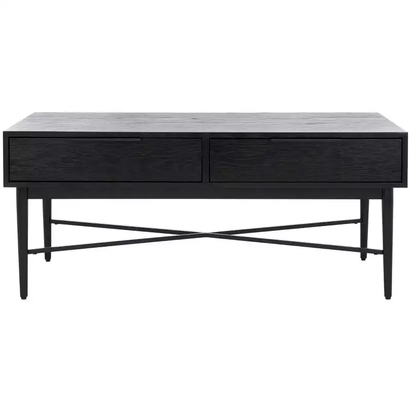 Rectangle Coffee Table with 2 Drawers and Oak Veneer Top, Gold Legs