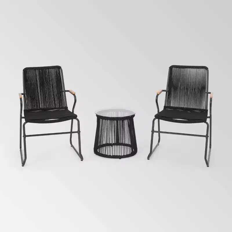Moonstone 3pc Rope Weave Modern Chat Set - Black - Christopher Knight Home: Weather-Resistant Outdoor Seating