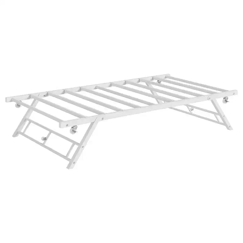 Stand Up Trundle Day Bed,Pop Up Trundle,Twin Trundle Bed Frame Only,Metal Slats Support with Lockable Casters,White