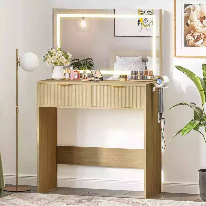 31'' Makeup Vanity Desk with Mirror and Adjustable Lights for Small Space - Dressing Table with 2 Drawers for Bedroom