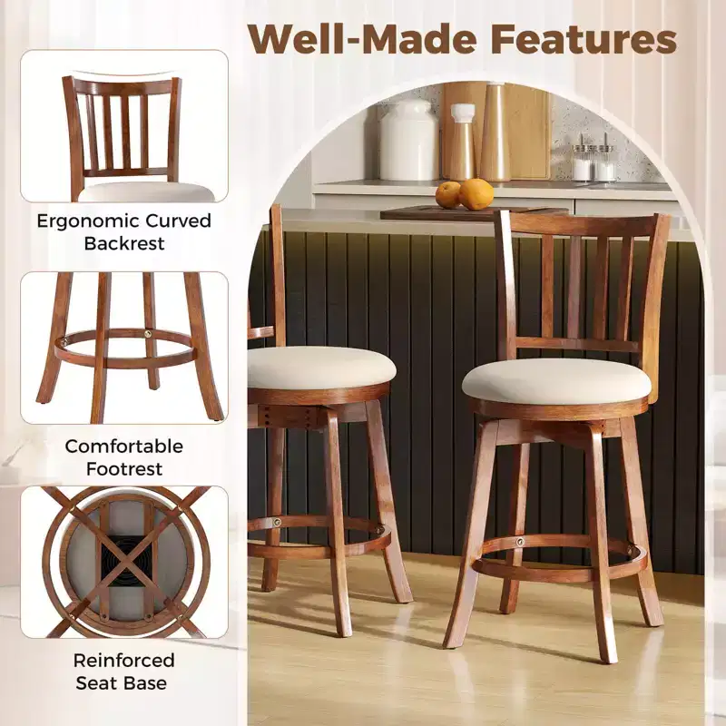 Costway 25'' Swivel Counter Barstools Set of 4 w/Backrest & Upholstered Seat Footrest