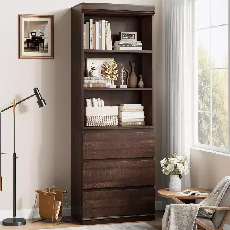 Acekool 70 Tall Bookcase with Drawers, Modern Deep Wood Shelf Cabinet for Home Office or Kitchen