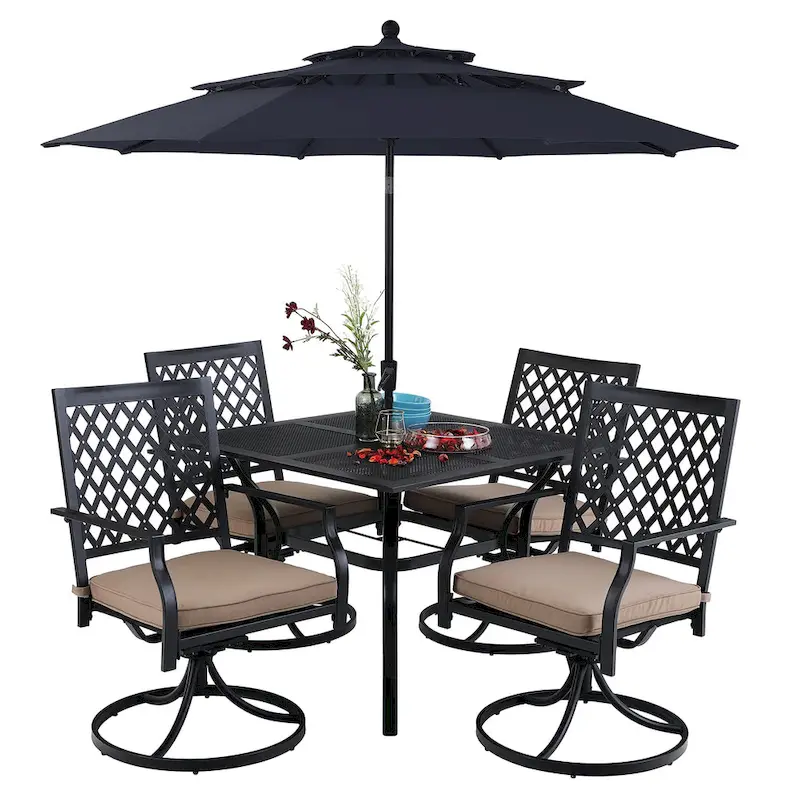 MAISON ARTS 6-Piece Metal Patio Dining Set: 4 Swivel Chairs, 1 Steel Frame Square 37 Table and 1x10ft 3-Tier Red Umbrella