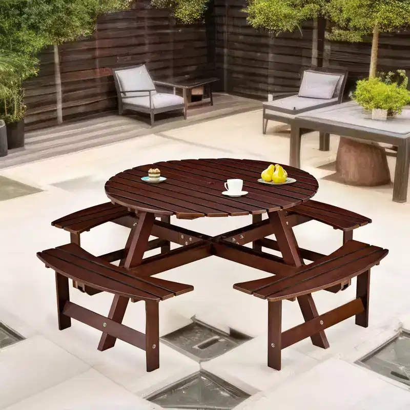 Outdoor 8 Person Picnic Table with Built-in Benches, Round Design, for Patio or Porch