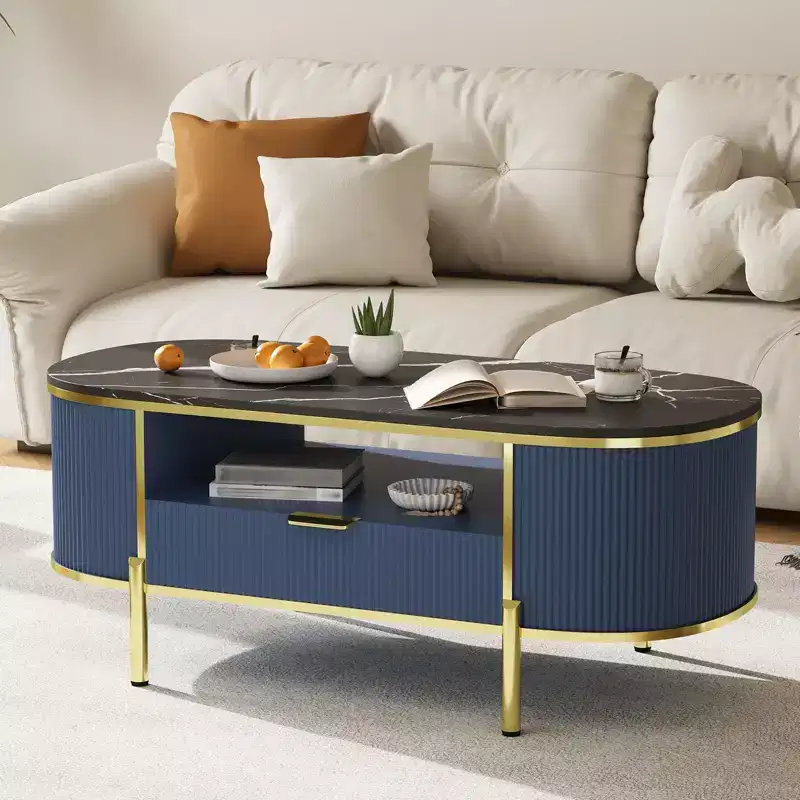 Coffee Table 48in Oval - Modern Fluted Center Table with Storage Drawer, Faux Marble Top & Gold Metal Legs for Living Room