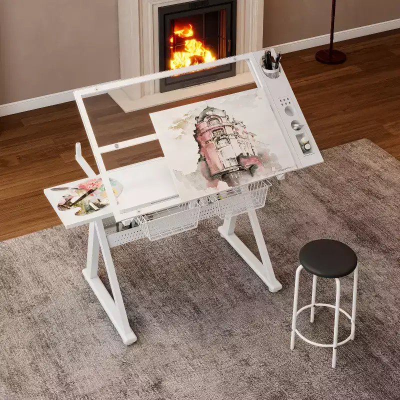 Hand Crank Adjustable Tempered Glass Drafting Table with Chair and Storage, for Living Room, Study & Bedroom, White