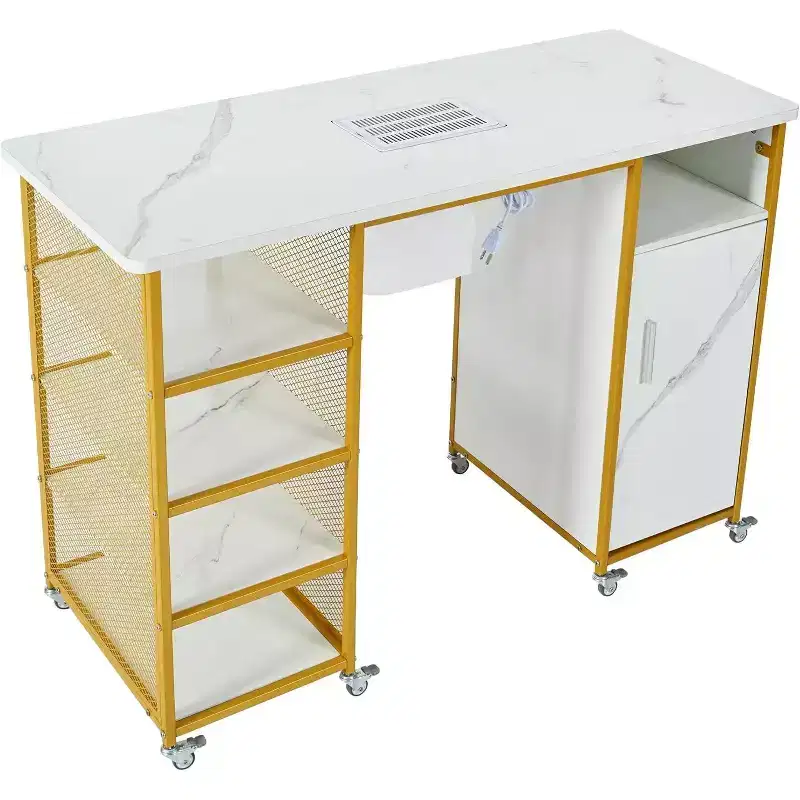 Gold & White Single-Station Manicure Table with Electric Downdraft Vent