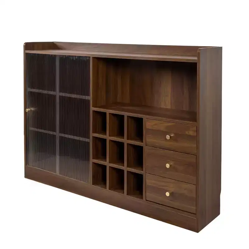 Kitchen Sideboard Buffet Cabinet with Fluted Glass Doors, Drawers, and Wine Storage, Walnut