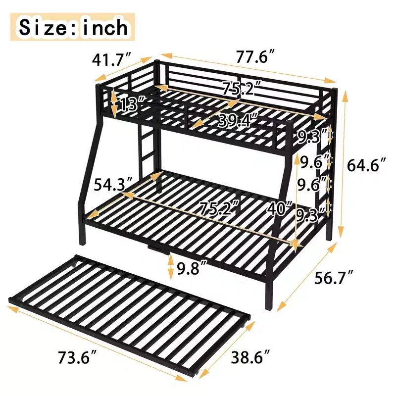 Bellemave Metal Bunk Bed with Trundle, Twin Over Full Bunk with Guardrail Trundle and Ladder for Kids/Teenagers, Adults, No Box Spring Needed Black
