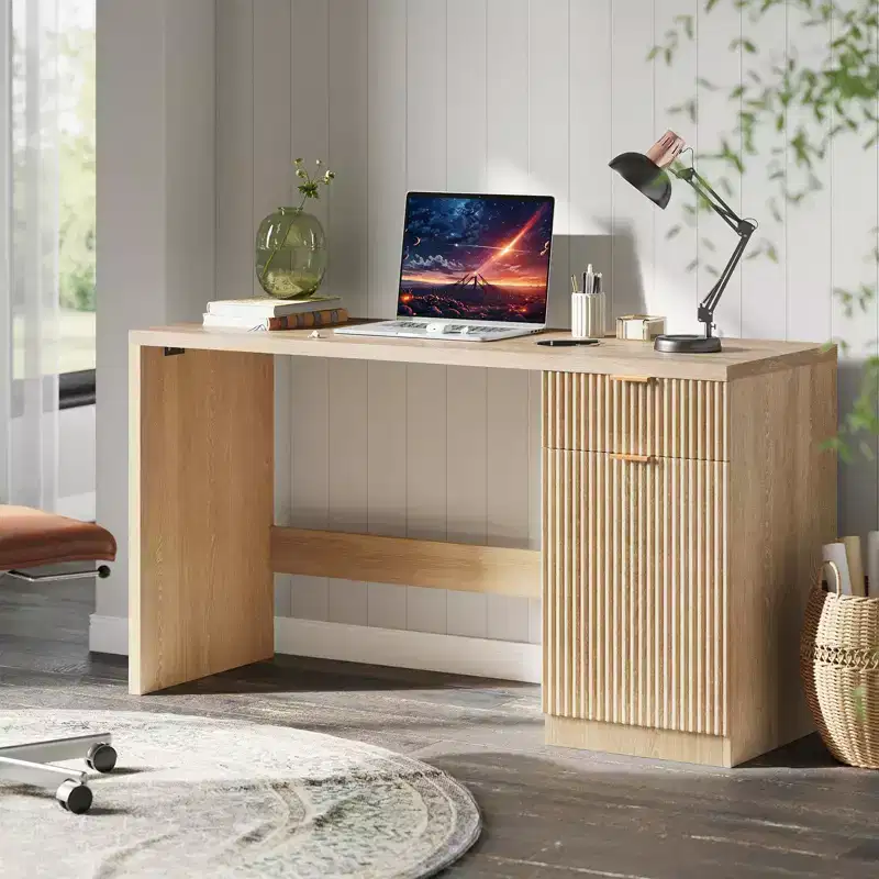 60 Modern Fluted Executive Desk with Storage Cabinet - Wooden Computer Writing Table with Drawer & Cabinet for Home Office, Study, Living Room