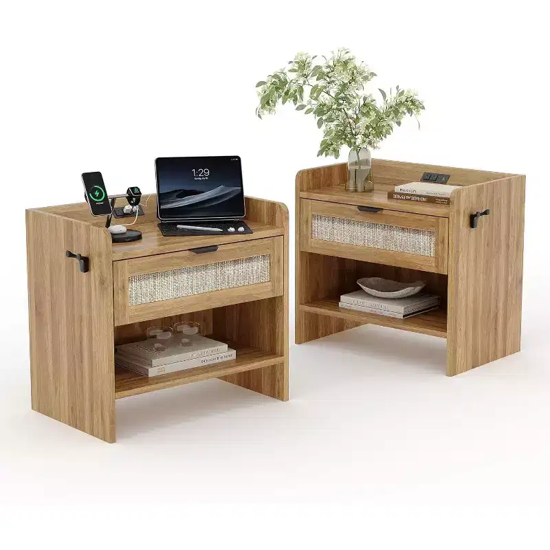Acekool Rattan Nightstand with Type C Port, Bedside Table with Drawer and Open Shelf, Set of 2 Boho End Tables