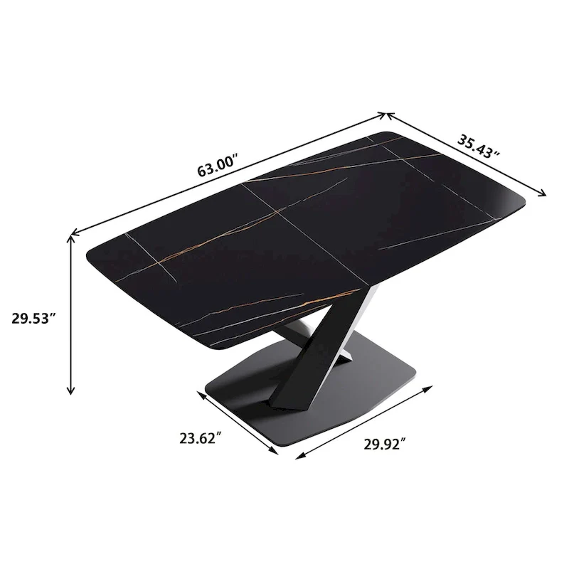 63-Inch Dining Table with Sintered Stone Tabletop and Metal Base