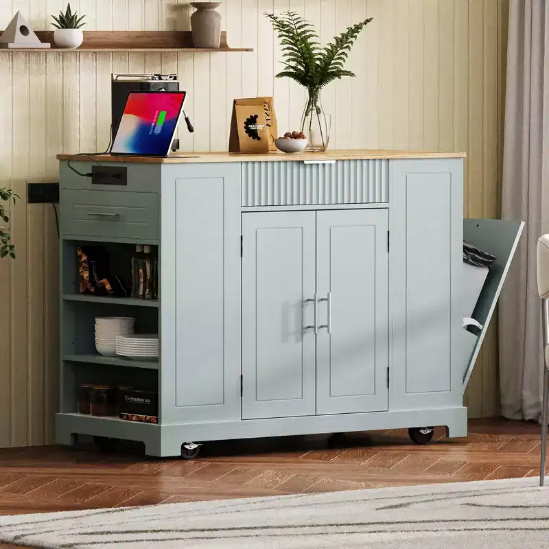 Whisen Classic Style Kitchen Islands on 5 Wheels with 3 Drawer and 3 Open Side Racks