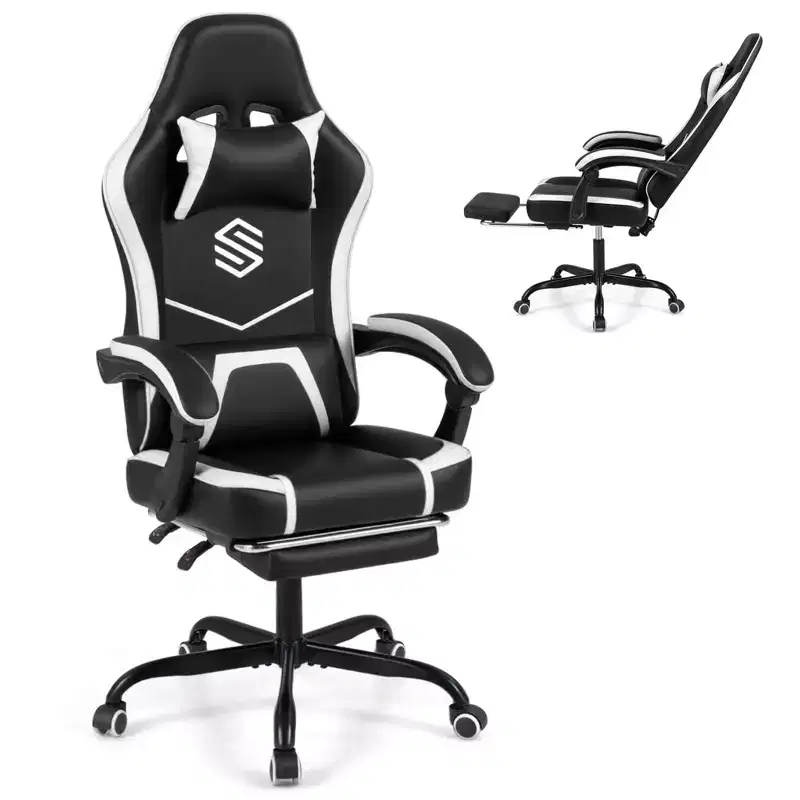 Gaming Chair with Headrest, Lumbar Support, Linkage Armrests and Reclining Backrest, Black and White