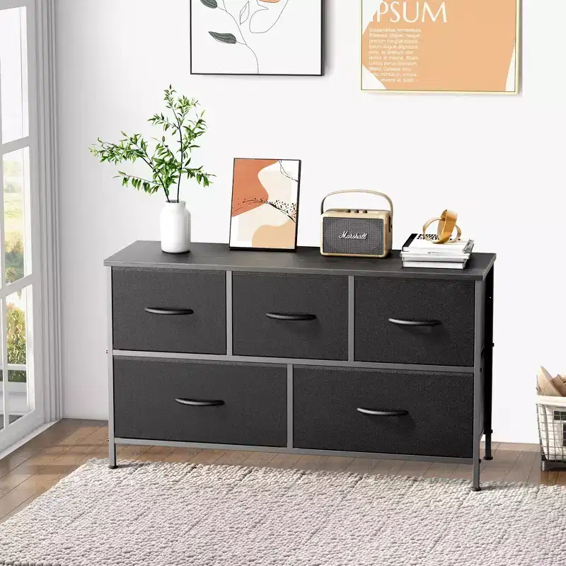 JIONJOY 5 - Drawer Dresser Fabric Dresser Storage Unit Side Table with Metal Frame