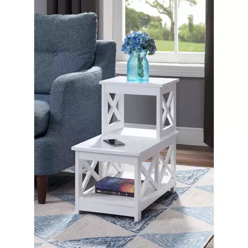 2 Step Chairside End Table with Chic L Shape Design and X Frame Sides, Multi Tier Storage Shelves for Living Room or Den Use