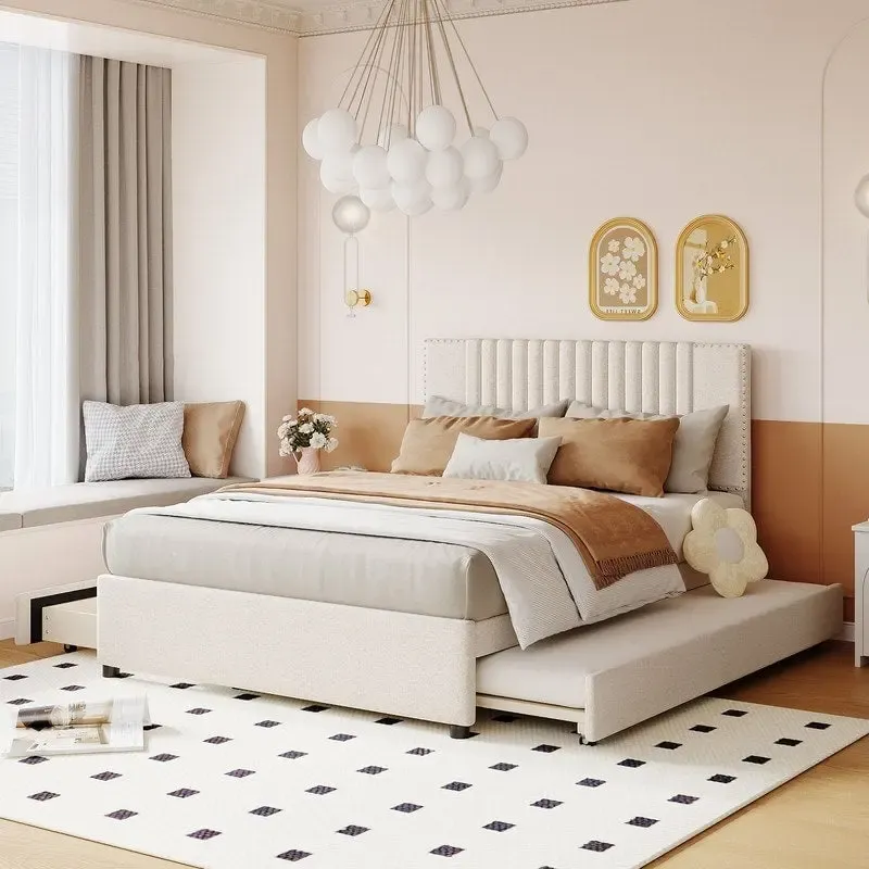 Linen Upholstered Platform Bed with 2 Drawers and Trundle,Queen/Full Size