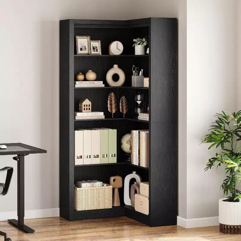 71.8'' Corner Bookshelf, 5-Tier Wooden Farmhouse Bookcase w/Anti-Tipping Kit, Storage Organizer