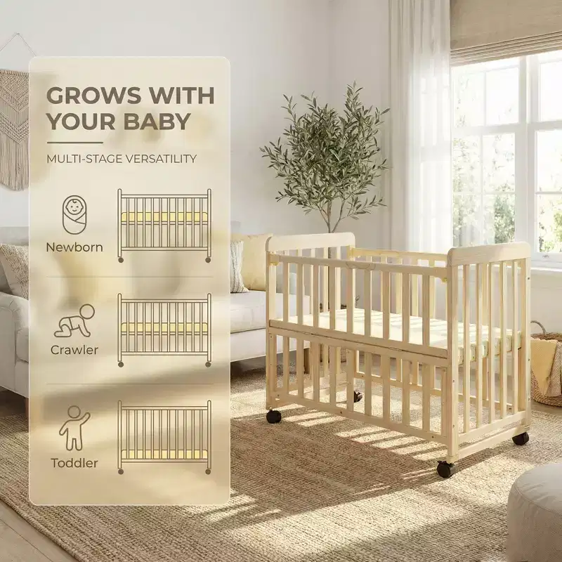 Dublin 3-in-1 Convertible Bedside Crib — Solid Pine, Rolling Wheels, 100 lb Capacity