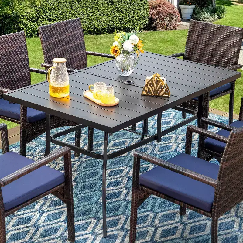 7pc Patio Dining Set with Rectangle Table with 2.6" Umbrella Hole & Rattan Wicker Arm Chairs - Black - Captiva Designs